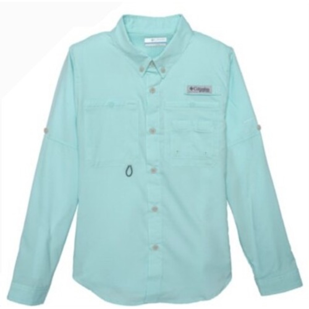 Columbia PFG Tamiami Fishing Shirt Kids Large 14/16 Aqua Blue Long Sleeve UPF 40